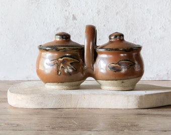 Double Condiment Caddy, Vintage Stoneware Relish Server, Salt & Pepper Cellar Set