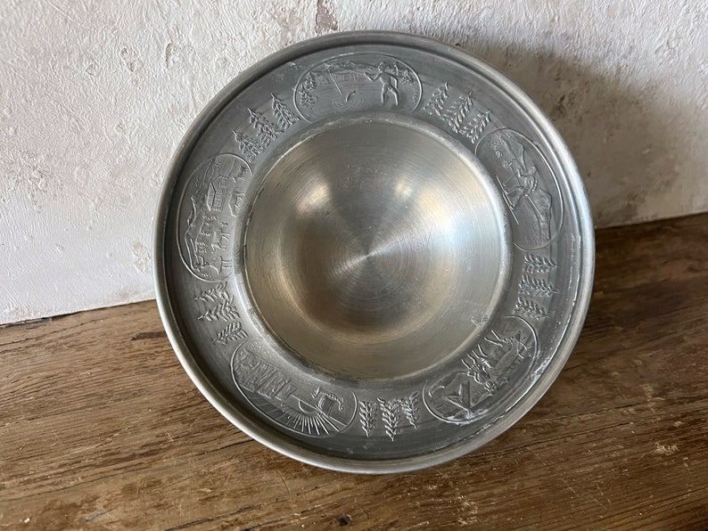 Norwegian Pewter Footed Bowl, Graphic Vintage Small Pewter Trinket Dish image 3