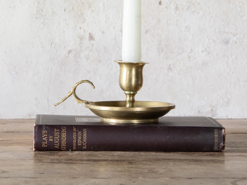 Brass Chamberstick with Finger Loop, Vintage Brass Candle Holder with Carrying Handle image 1
