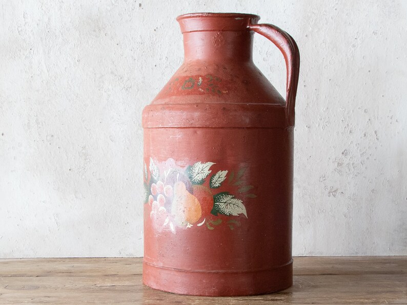 14h Painted Milk Jug, Primitive Red Dairy Can, Vintage Vase image 3