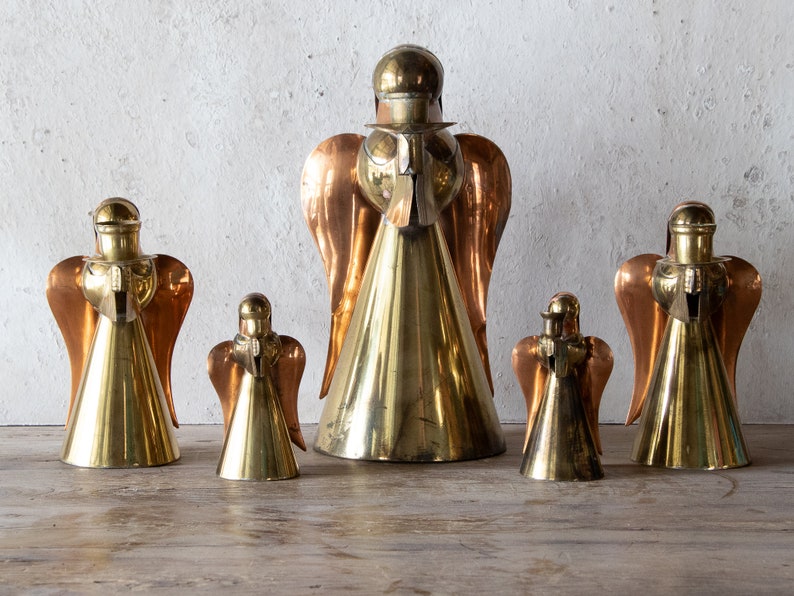 Set of Five Angel Candle Holders, 5 Vintage Brass & Copper Holiday Candlestick Holders image 2