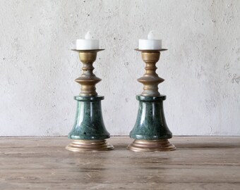 Green Marble and Brass Candleholders, Pair of Vintage Solid Brass & Stone Candle Holders, Set of 2 Votive Holders