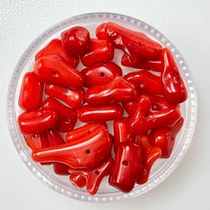 May include: A collection of red coral beads in various shapes and sizes. The beads are smooth and polished, with a natural, organic look.