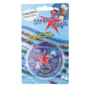May include: A spool of clear stretch magic bead cord, 5 mm in diameter, with a label that reads "Stretch Magic" and "Bead & Jewelry Cord".
