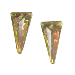 May include: Two iridescent, triangular-shaped crystal pendants. The crystals have a pointed bottom and a flat top with a small hole. The crystals have a yellow and orange color with a rainbow effect.