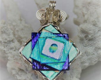 Dichroic Glass Wire Wrapped Cabochon Pendant Sterling Silver Wire Free Shipping