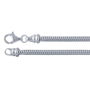 May include: A silver snake chain necklace with a lobster clasp closure.