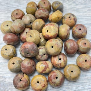 May include: A collection of natural stone beads in various shapes and sizes. The beads are primarily in shades of tan, brown, and reddish-brown, with unique veining patterns. Each bead has a drilled hole for stringing.