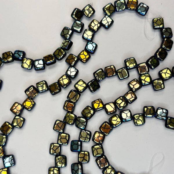 CzechMates Tile Beads ~ Laser #12 ~ Two Hole Square Glass Beads 25pc Strand, 6mm x 6mm Made in Czech Republic Discontinued Items Best Seller