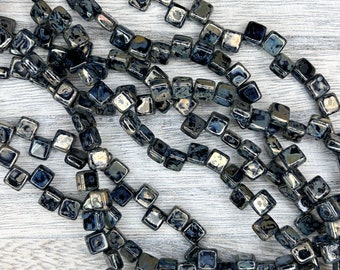 CzechMate 6mm Square Glass Two-Hole Tile Beads - Black Picasso Pressed Glass Beads (25 Pieces)