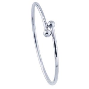 May include: A silver bangle bracelet with two small round beads. The bracelet is open and has a simple design.