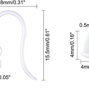 May include: A pair of clear plastic earring hooks with a small clear bead at the top. The hooks are 1.55 inches long and the bead is 0.16 inches in diameter.