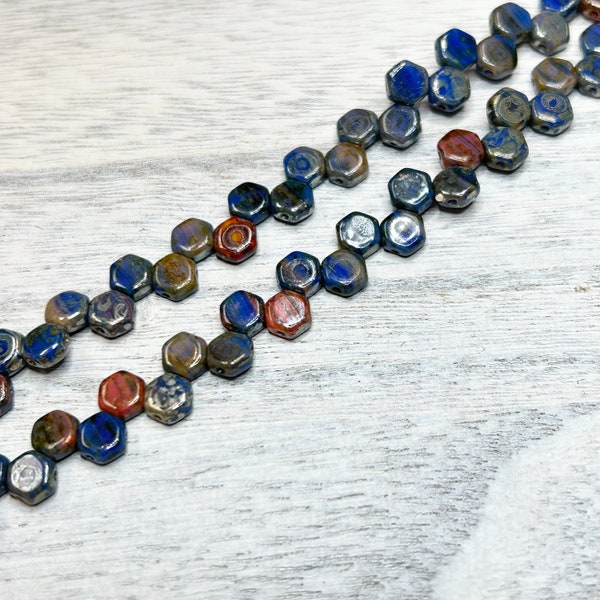 Honeycomb Bead ~ Hodge Podge Blue Picasso - Two Hole Glass Beads 30 pc Strand, Made in the Czech Republic