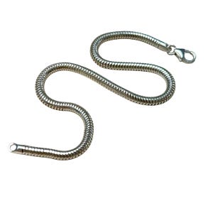 May include: A silver snake chain necklace with a lobster clasp closure.