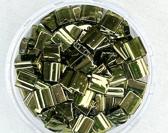Olive Green Gold Luster Miyuki Tila Beads TL306 | DIY Bracelets| Glass Tila Bead |Two Hole Square Flat Glass Bead | Whole Tila 3 Grams