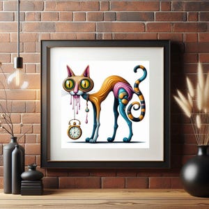 Könnte beinhalten: Eine farbenfrohe, surreale Illustration einer Katze mit einer Taschenuhr, die an ihrem Hals hängt. Die Katze hat große, gelbe Augen und eine rosa Zunge, die heraushängt. Der Körper der Katze ist eine Mischung aus Orange, Gelb, Blau und Rosa.