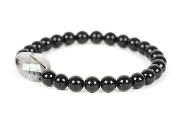Black Tourmaline Bracelet with Tourmalinated Quartz, Black White Gemstone Bracelet, Handmade Gemstone Jewelry