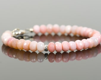 Pink Peruvian Opal Gemstone Bracelet, Natural Peruvian Opal 7mm faceted Beads, Handmade Gemstone Jewelry