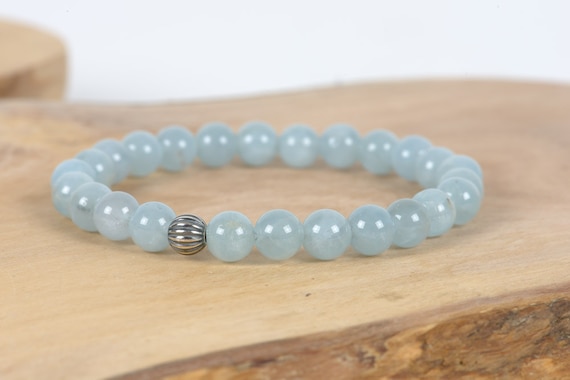 Genuine Aquamarine Bracelet, 8mm Blue Aquamarine Stretch Bracelet, Stacking Bracelet, Handmade Gemstone Jewelry
