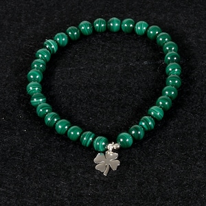 AAA malachiet armband | Natuurlijke malachietarmband met sterlingzilveren klaver | Handgemaakte malachietsieraden van 6 mm