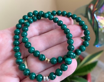 AAA Malachite Bracelet | Natural Malachite Bracelet with Accent Beads | 6mm Malachite Handmade Gemstone Jewelry