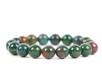 Bloodstone Bracelet, Heliotrope Stretch 10mm Beads Statement Bracelet, Handmade Gemstone Jewelry