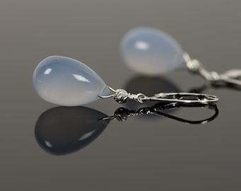 Blue Chalcedony Earrings, Drop Earrings with Sterling Silver Lever Back