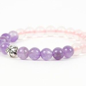 Amethyst Gemstone and Rose Quartz Bracelet, Purple Gemstone Bracelet, Sterling Silver Flower Charm, Handmade Gemstone Jewelry