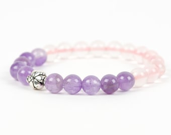 Amethyst Gemstone and Rose Quartz Bracelet, Purple Gemstone Bracelet, Sterling Silver Flower Charm, Handmade Gemstone Jewelry