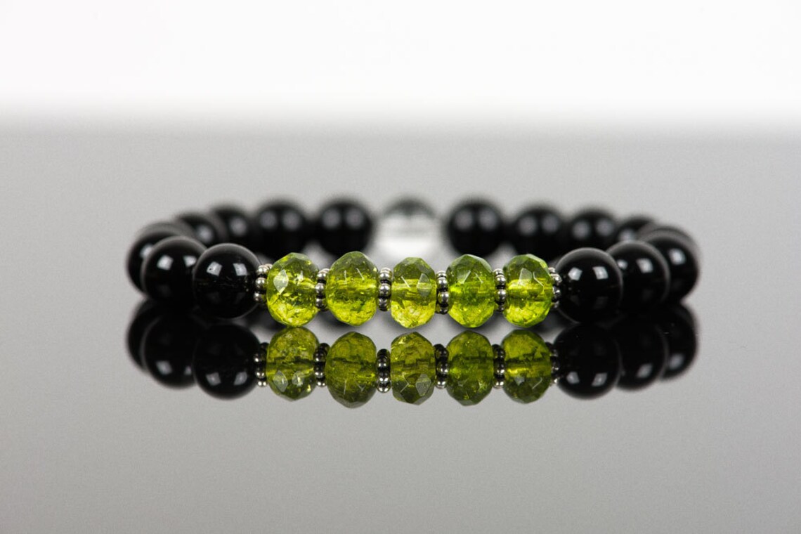 Peridot Black Tourmaline Gemstone Bracelet Stretch Bracelet Etsy