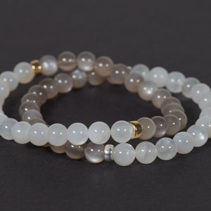 AAA Moonstone Bracelet, White and Grey 6mm Moonstone Bracelet, Two-tone Stacking Bracelet Healing Gemstone Jewelry