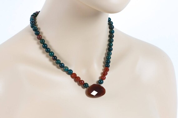 Bloodstone Carnelian Necklace, Red and Green Gemstone Choker, Beaded one Strand Necklace - Handmade Gemstone Jewelry