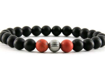 Black Onyx Bracelet, Men's Red Jasper Bracelet, Root Chakra Gemstone Handmade Jewelry