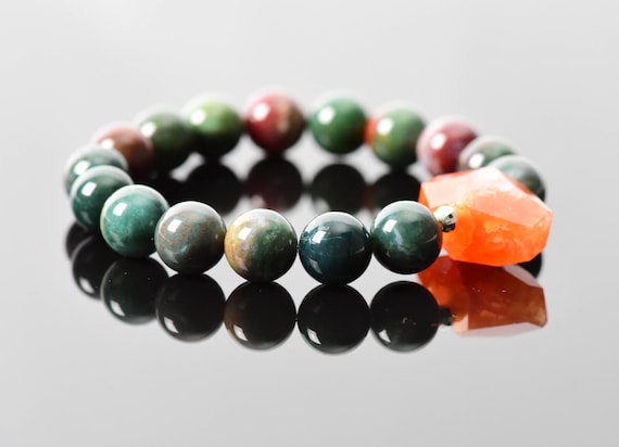 Bloodstone Bracelet, March Birthstone Heliotrope Bracelet, Dark Green Bracelet, Carnelian Gemstone Bracelet, Handmade Gemstone Jewelry
