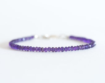 Delicate Dark Amethyst Bracelet, Dainty Amethyst Bracelet, Sterling Silver Wing Charm, 3MM Amethyst