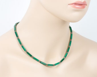 Natural Malachite Necklace, Green Gemstone Choker, Malachite Tubes with Small Pyrite Rondells Unisex Necklace, Handmade Gemstone Jewelry