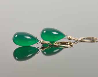 Green Onyx Drop Earrings, Teardrop Earrings with Gold Filled Earwire