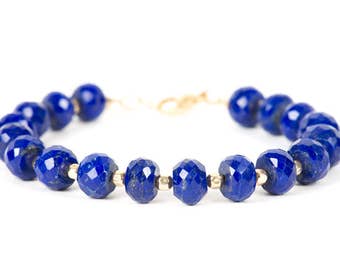 Lapis Lazuli Bracelet, Cobalt Blue Bracelet, Genuine Lapis Lazuli with Gold Fill Accents Bracelet, Handmade Gemstone Jewelry