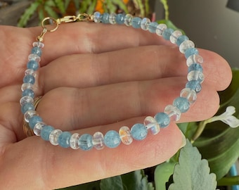 Madagascar Rainbow Moonstone and Aquamarine Bracelet, Natural Malagasy Rainbow Moonstone, Aquamarine Bracelet