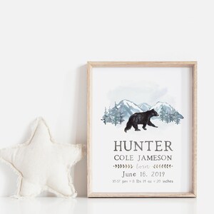 Bear Birth Stat Printable, Mountain Nursery Print, Personalized Woodland Bear Boy Birth Announcement, Baby Shower Gift, Bear Nursery Art
