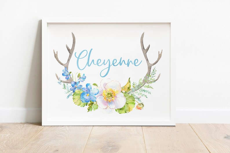 Personalized Name Art Printable Baby Shower Gift Blue Floral Printable Girl Deer Wall Art Girl Nursery Decor Girl Nursery Antler Print