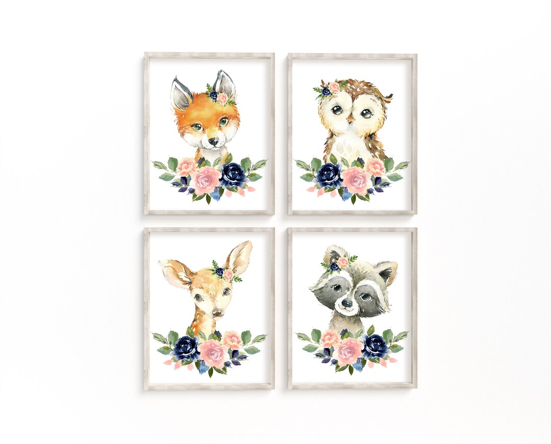 Navy Blush Pink Animal Nursery Prints Woodland Girl Etsy