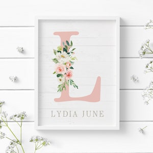 Nursery Monogram Initial Print, Personalized Name Blush Pink Floral Shiplap Printable, Girl Baby Shower Gift, Watercolor Nursery Décor