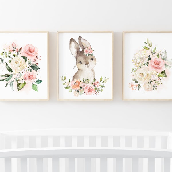 Girls Bedroom Bunny Print Set, Nursery Rabbit Floral Watercolor Nursery Printable, Baby Shower Gift Blush Pink Farmhouse Decor Printable Set