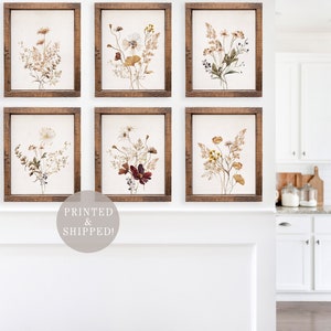 Botanical Floral Art Prints, Farmhouse Wildflower Set of 6 Prints, Boho Muted Earthy Autumn Watercolor Wall Decor, Earth Tone Dainty Prints