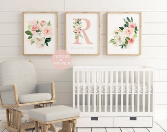 Farmhouse Nursery Print Set of 3, Personalized Name Blush Pink Floral Prints, Girl Baby Shower Gift Set, Watercolor Floral Nursery Decor