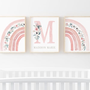 Rainbow Girl Nursery Printable Set of 3, Initial Name Print, Pink Floral Nursery Decor, Rainbow Baby Girl Nursery Wall Art, Playroom Décor