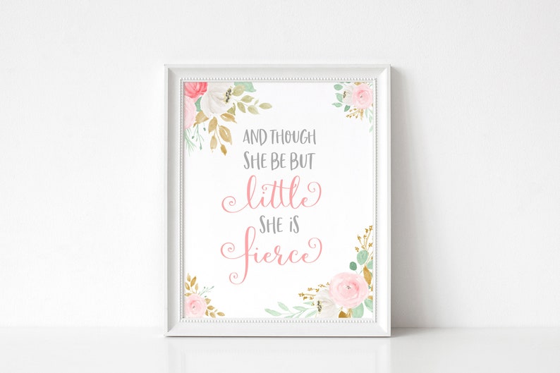 Pink Floral Nursery Printable She is Fierce Print Mint Gold - Etsy