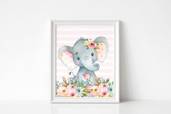 Elephant Nursery Art Printable Girl Floral Watercolor Print Etsy