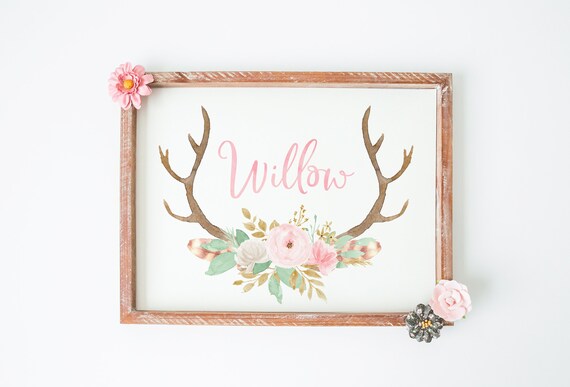 Personalized Name Art Printable Baby Shower Gift Blue Floral Printable Girl Deer Wall Art Girl Nursery Decor Girl Nursery Antler Print
